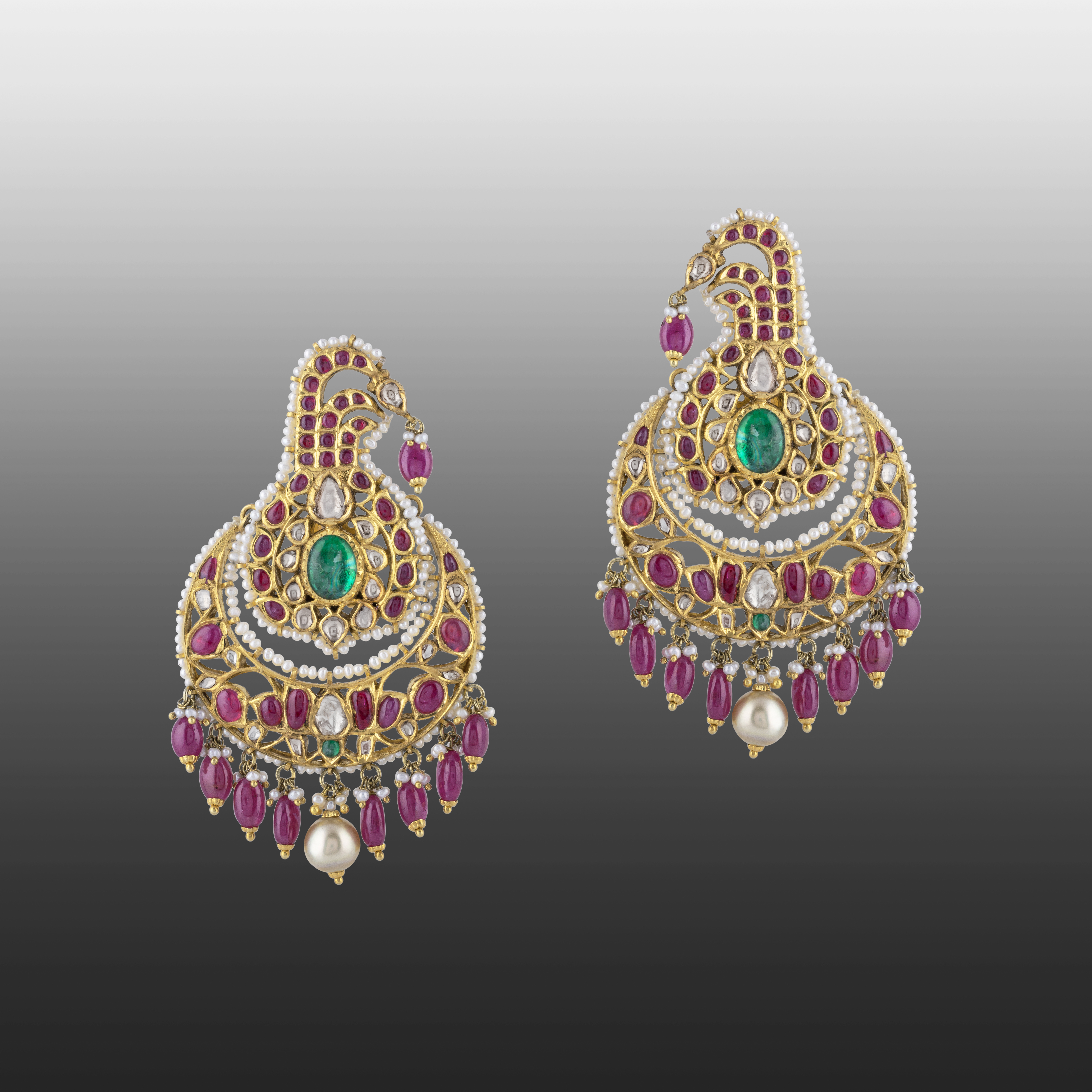 Uncut Diamond Polki Cuff Earring with Pink Talaf , Emerald & Pearls